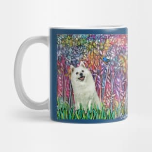 Japanese Spitz and Bluebird in "Forest in Bloom" Mug